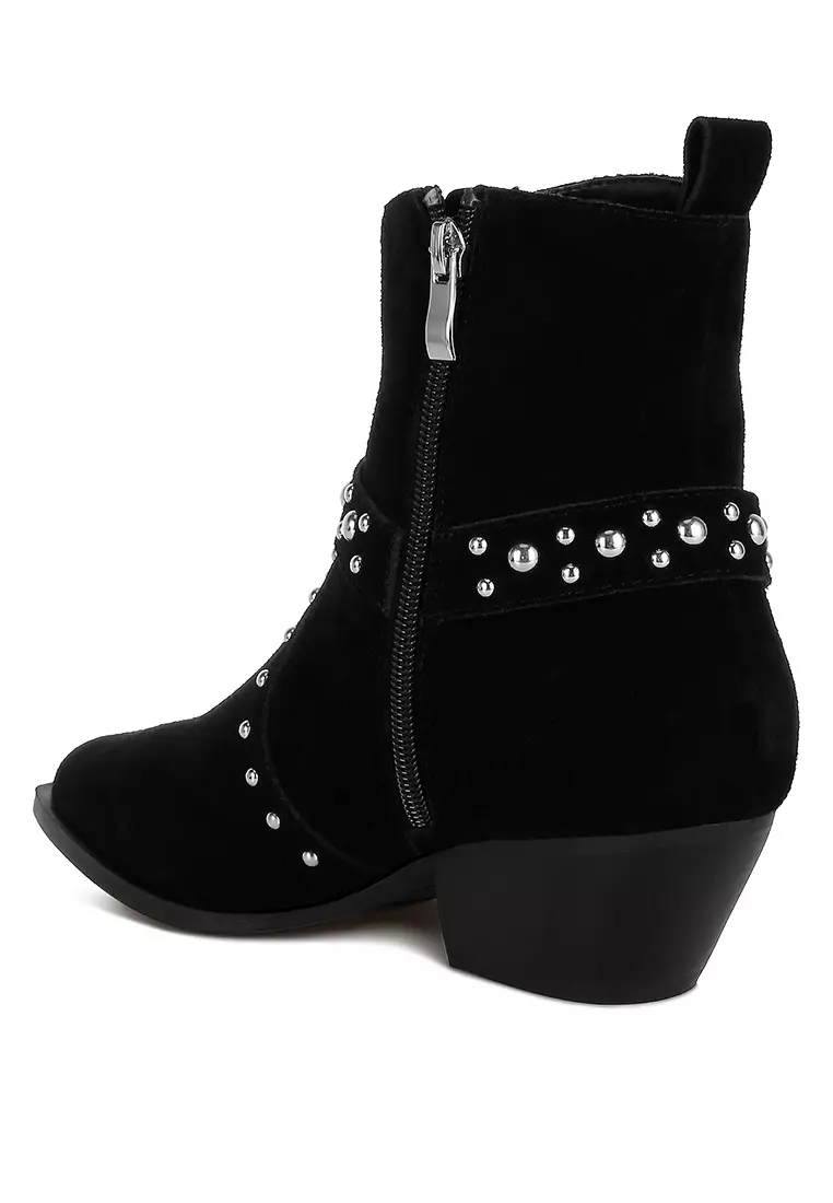 Studded Suede Ankle Boots in Black