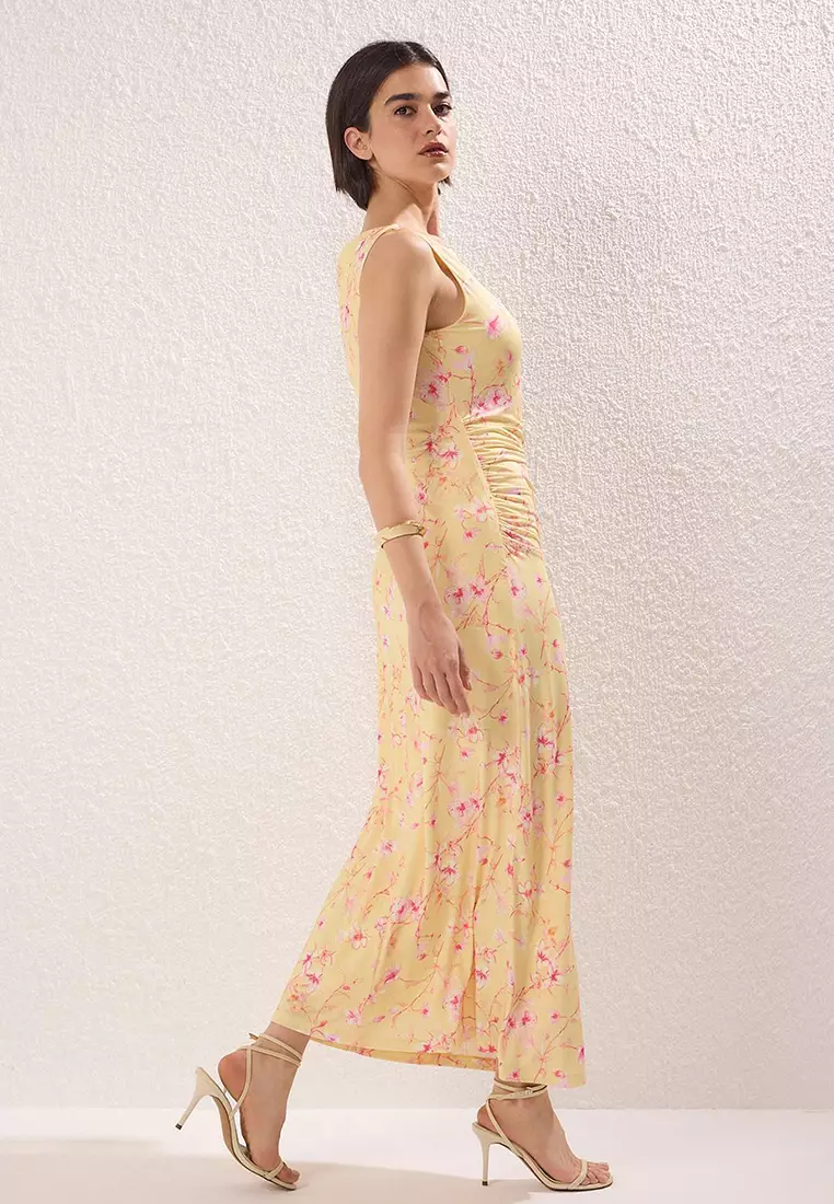 Orange Flower Printed Bright Surface Boat Rock Body-Hugging Stretchy Knitted Pencil Dress Twoss24El00528