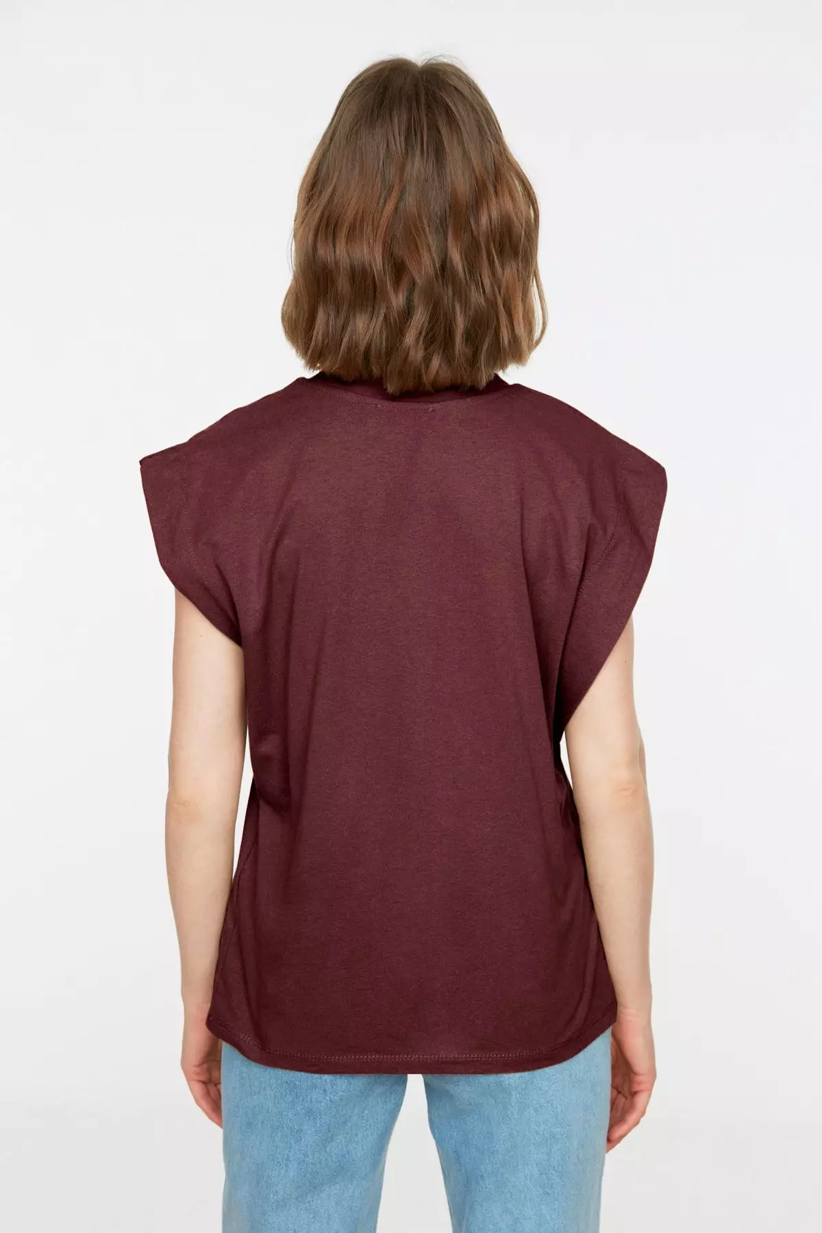 Claret Red 100% Cotton Padded Look Basic Crew Neck Knitted T-Shirt TWOSS20TS0021