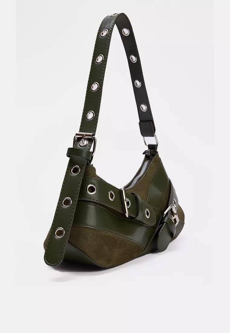 Eyelet Belt Buckle Detailed Medium Size Baguette Shoulder Bag