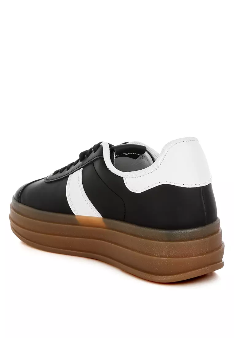 Faux Leather Lace-Up Sneakers in Black