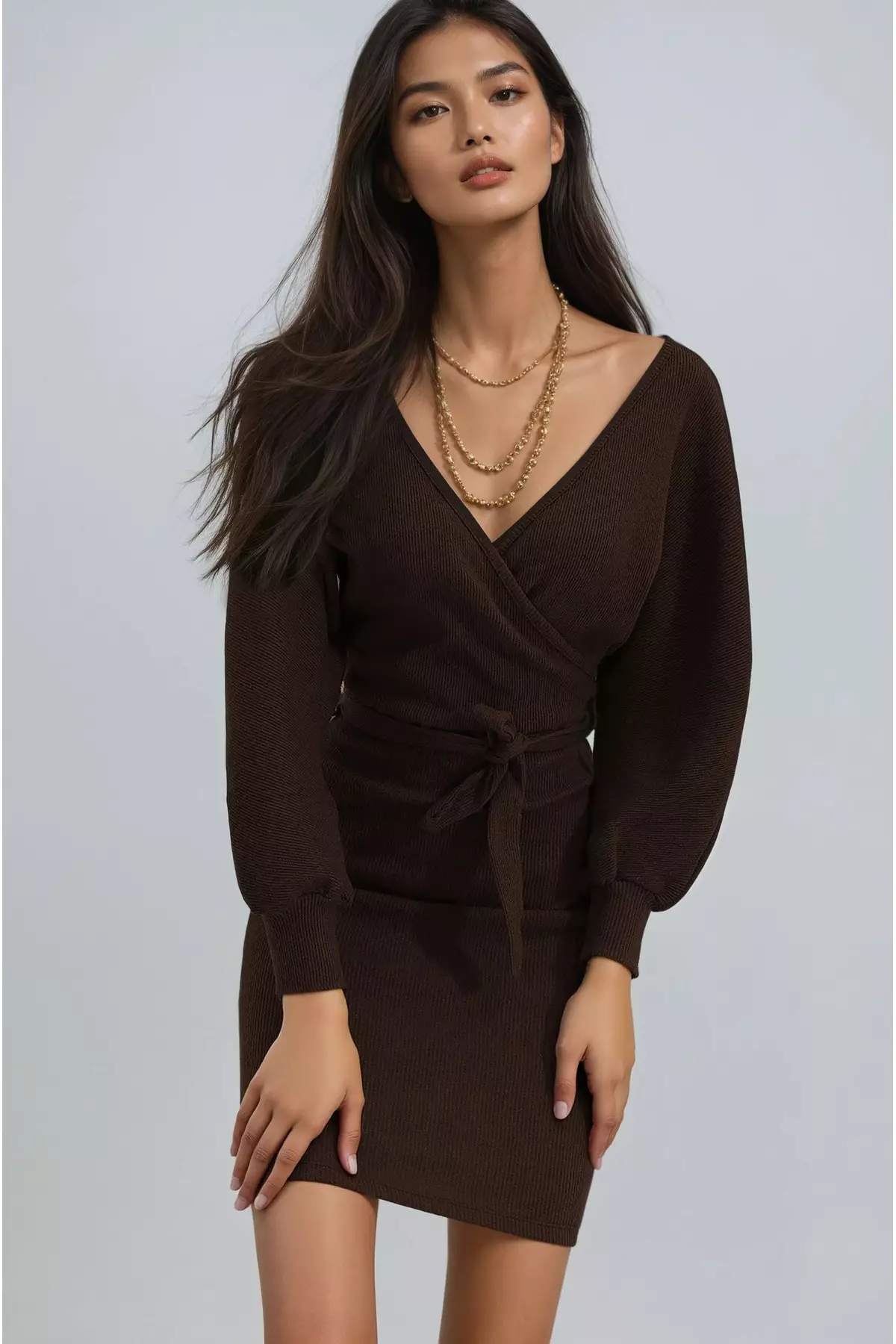 Women's Dark Brown Double-Breasted Batwing Sleeve Waist Belted Camisole Dress Alc-X7623