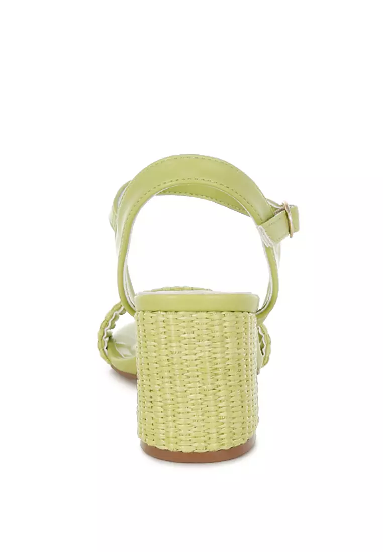 Raffia Pin Buckle Block Heels In Green