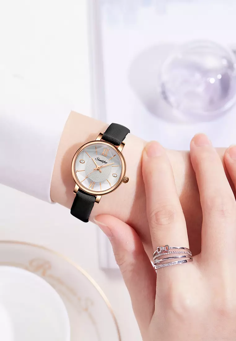 Jam Tangan Wanita 8005 Original Santai Kuarsa Tali Kulit Jam Wanita Anti Air Jam Tangan Cewek black