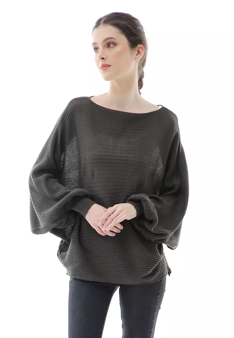Eveline Sweater Rajut Batwing Atasan Wanita Motif Polos High Quality - Army