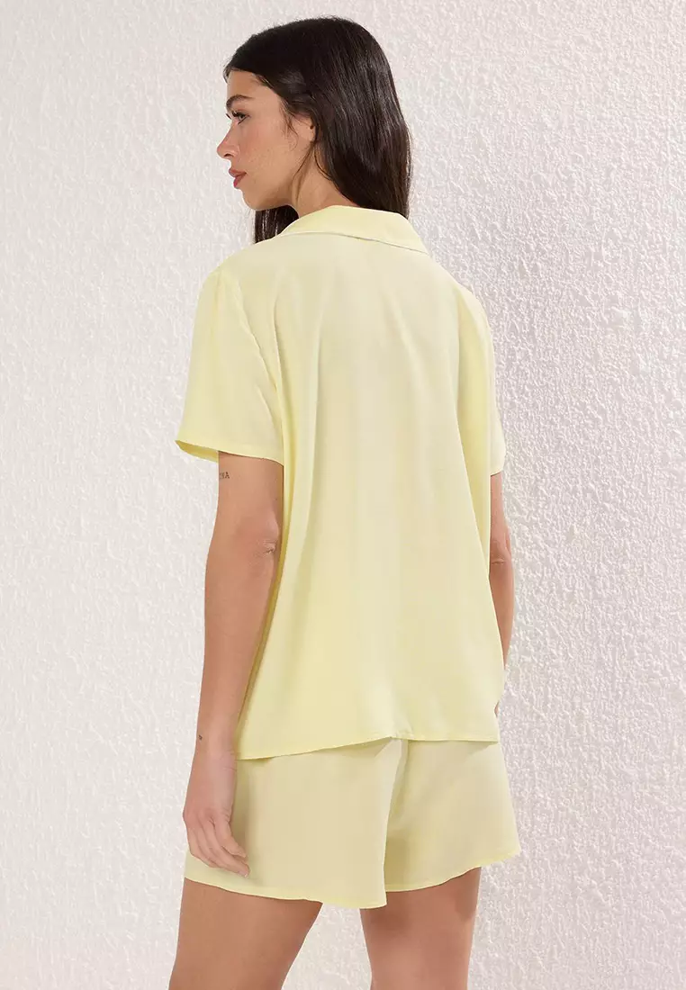 Yellow Ribbon/Bow And Piping Detail Viscose Shorts Pajama Set