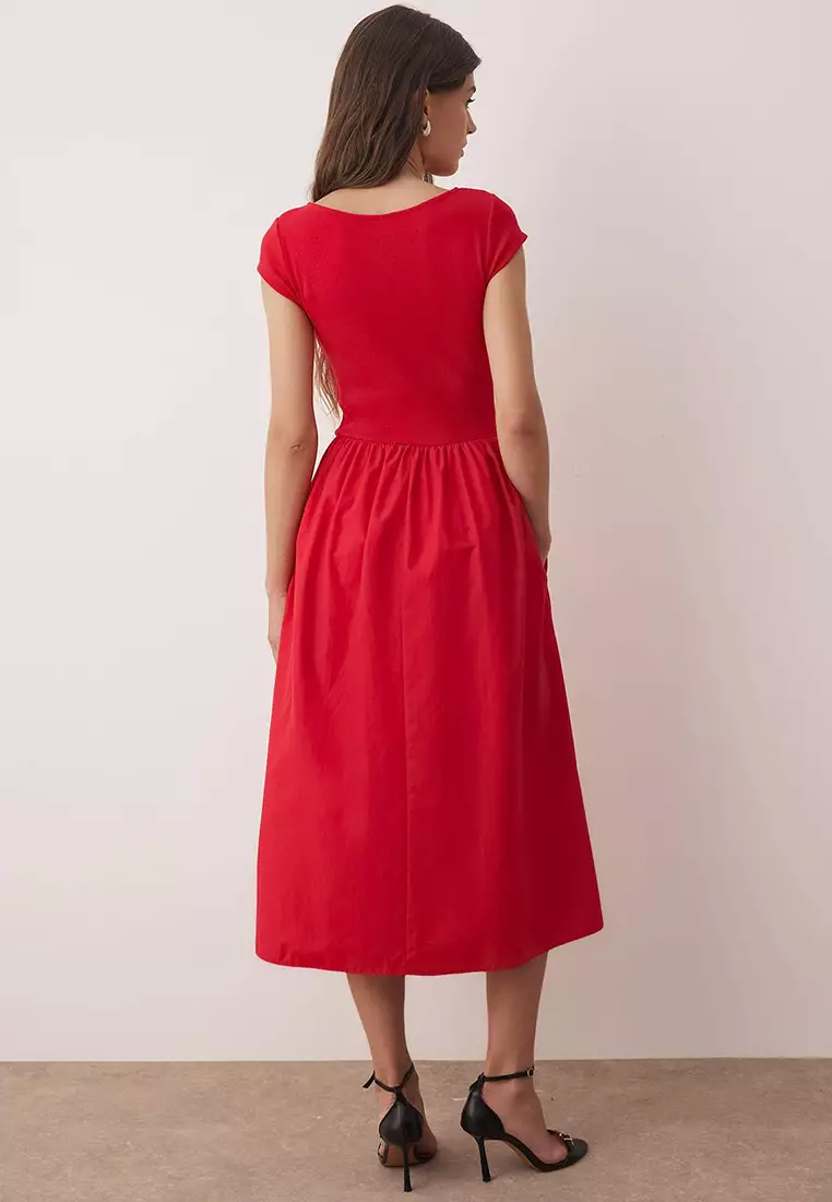 Red Terrycotton Contrast Woven Dress With Flexible Ribbed Top And Wide Bottom