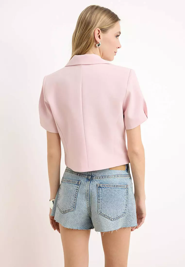 Pink Snap Fastener Short Sleeve Lined Crop Blazer Jacket Twoss26Bc29