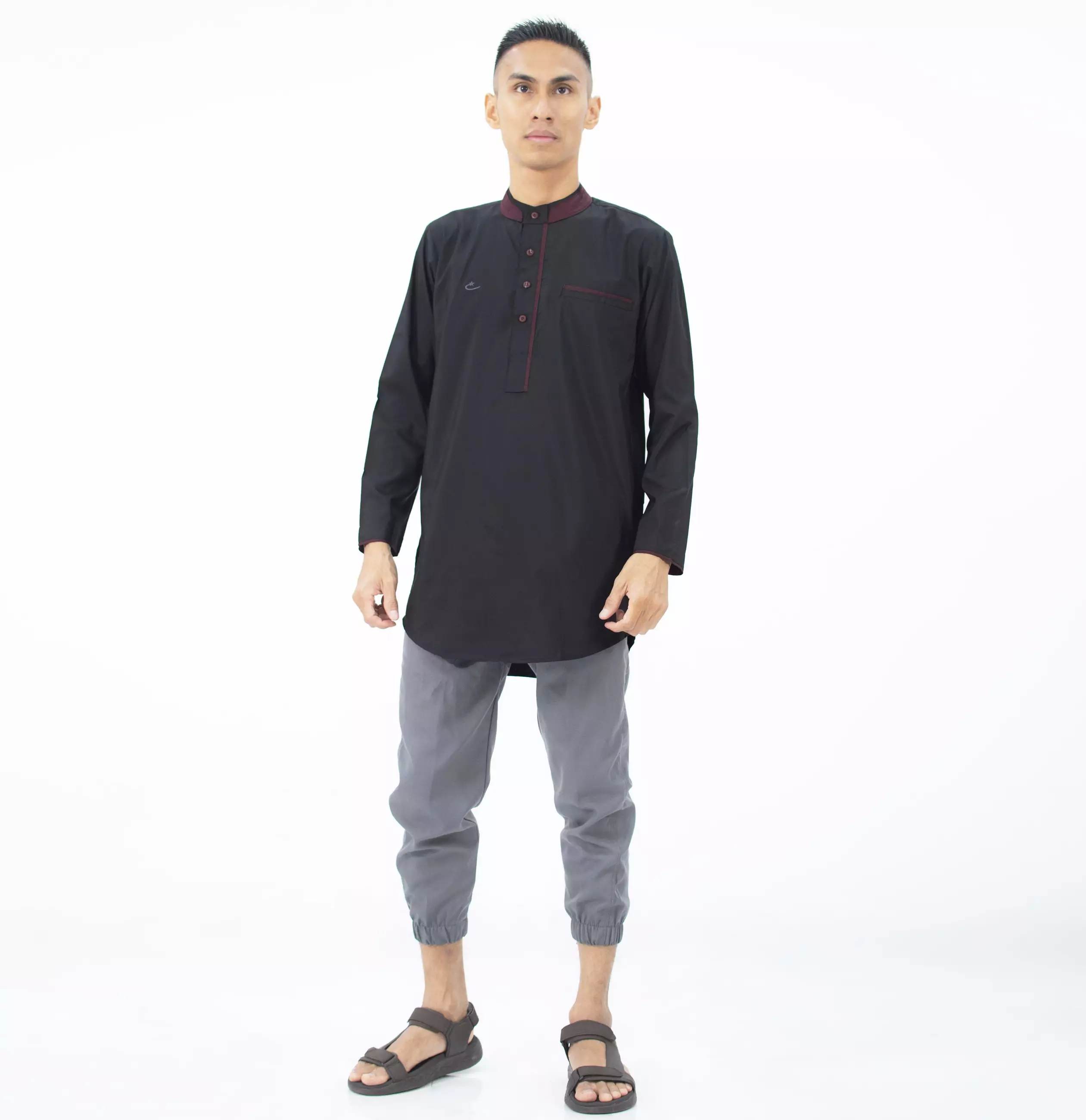 DHABI Baju Lebaran Baju Koko Lengan Panjang Kemeja Koko Kemeja Kurta Pria - HITAM
