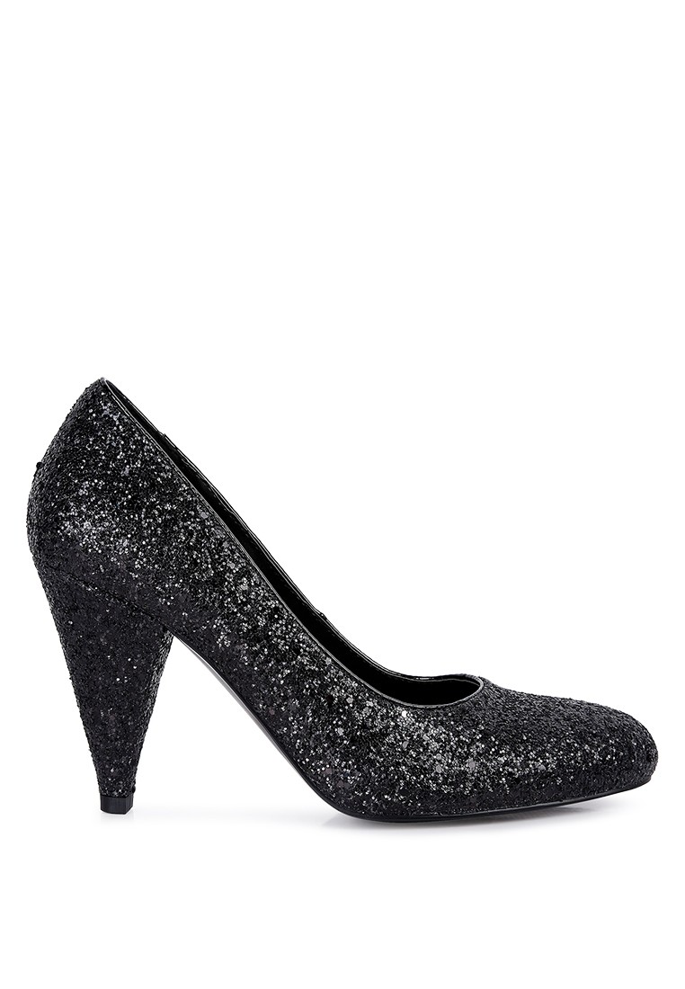 Black Glitter Conical Heel Pumps