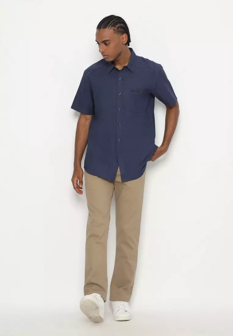 POLICE Kemeja Polos Cotton Twill Slub Biru Tua Regular Fit Pria
