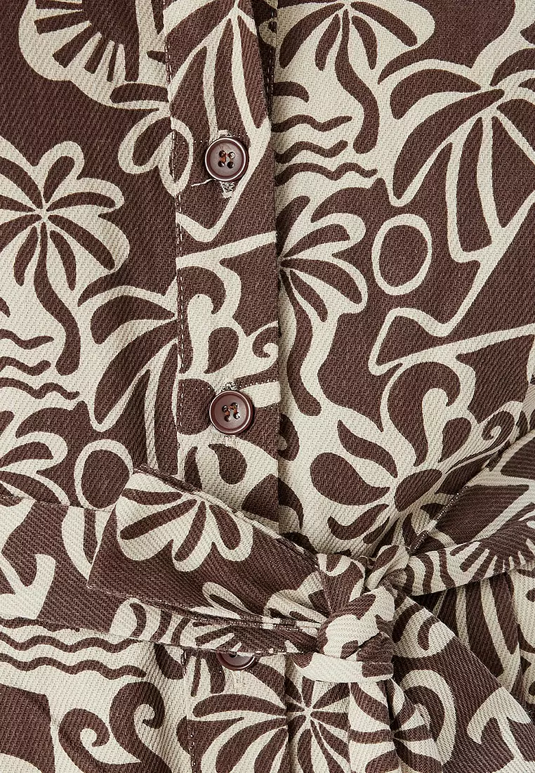 Shorts Jumpsuit Short Sleeve Buttoned Ethnic Patterned Waist Belted Cotton