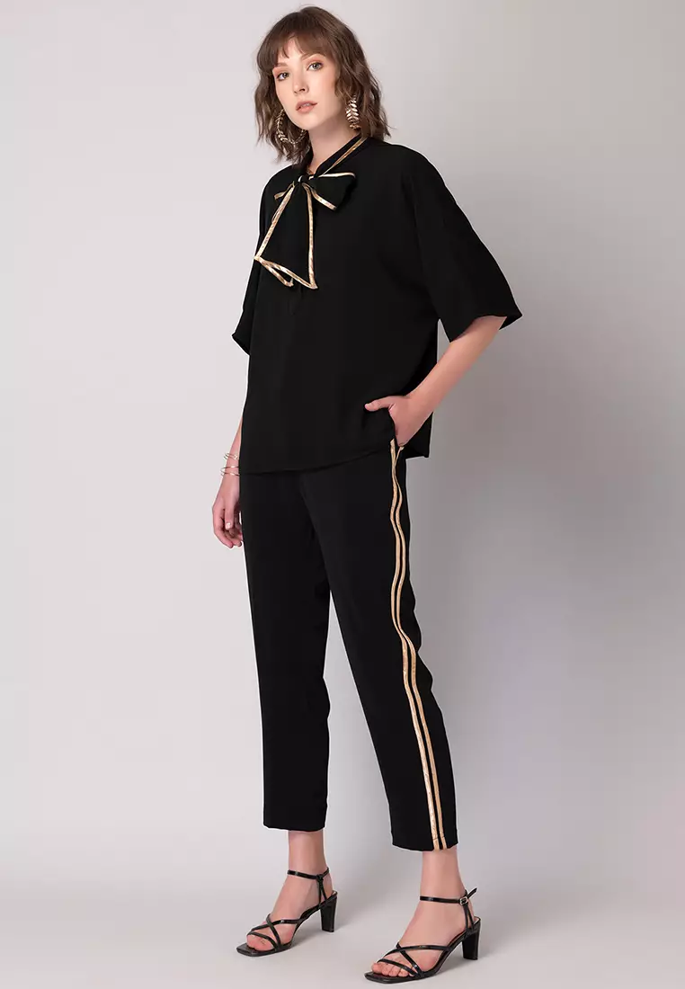 Black And Gold Tie Up Top And Pants Co-ord Set