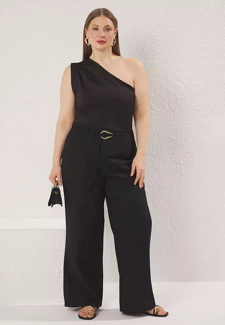 Black High Waist Wide Leg Belt Accessory Plus Size Woven Trousers Tbbss25Ar00037