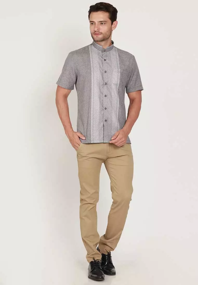 KOKO HAFZAH GREY Kemeja Casual Formal Pria Lengan Pendek SS - Baju Atasan Top Man Muslim Shirt