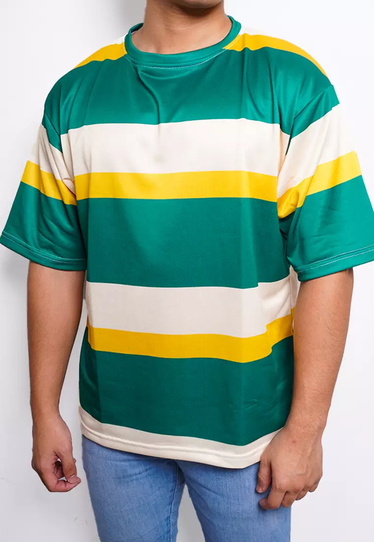 NX006 kaos oversize belang stripe light scuba nade hijau kuning krem putih