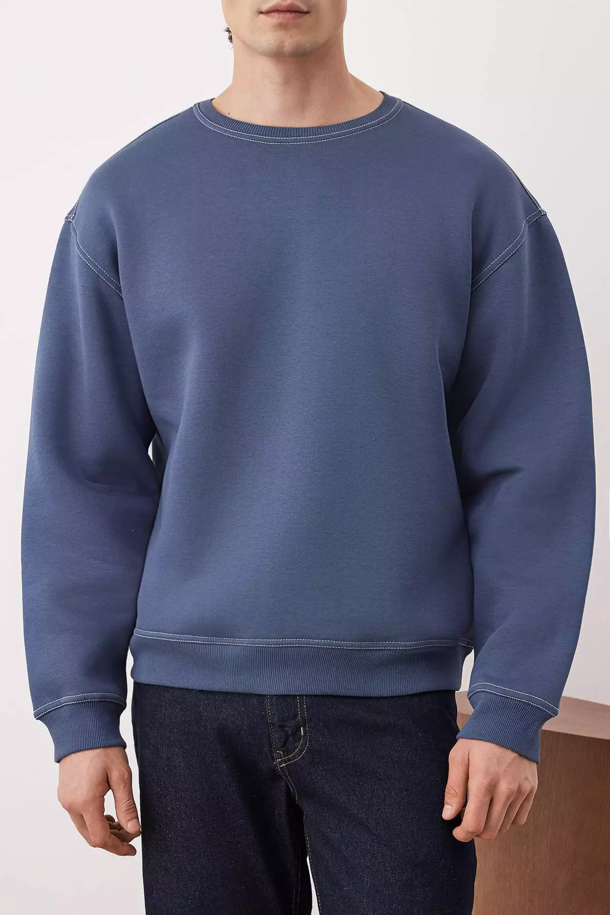 Pale Indigo Oversize/Wide Cut Contrast Stitch Detail Crew Neck Sweatshirt
