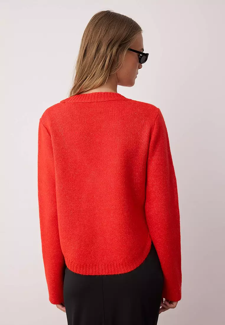 Red Wide Fit Soft Textured Button Detailed Knitwear Sweater