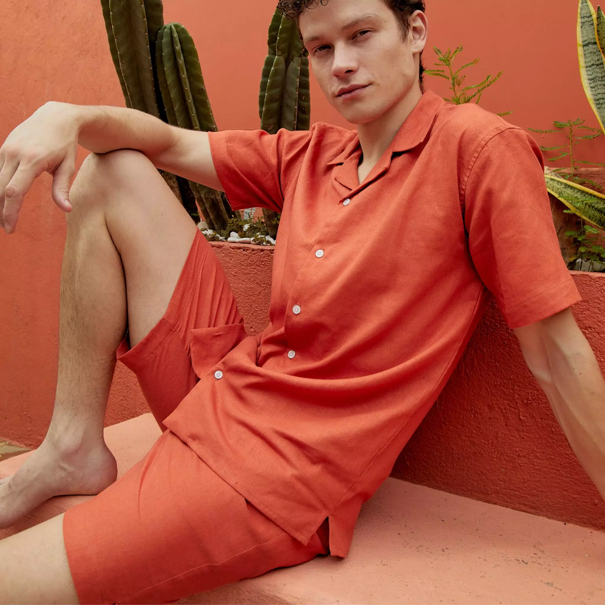 Ruby Setelan Kemeja Celana Linen Set Pria Terracotta | Linen Set Men Terracotta