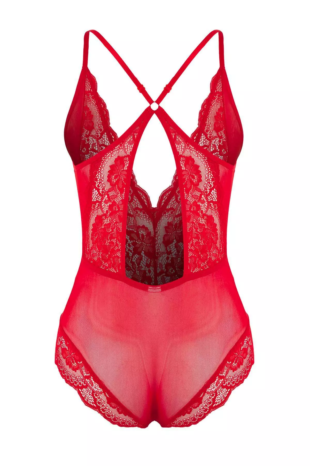Red Tulle Lace Detailed Uncovered Knitted Bodysuit
