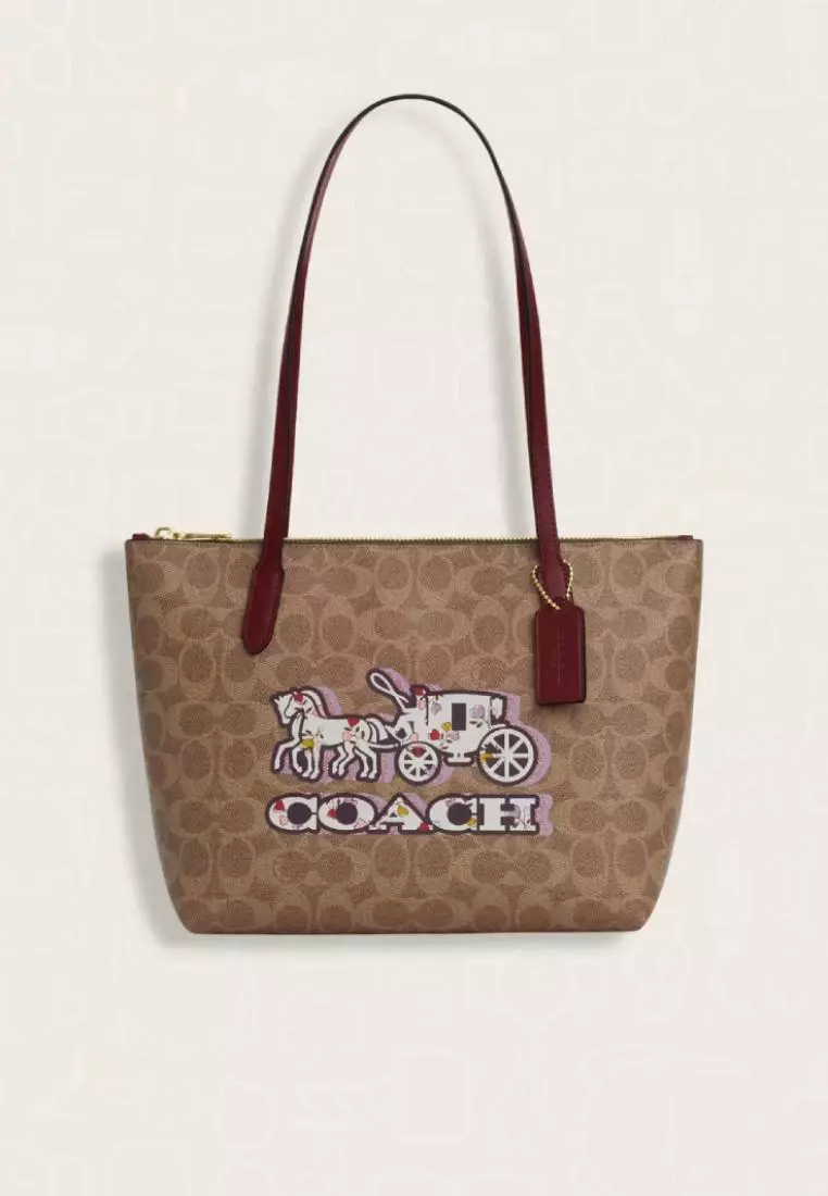 Coach Fiona Zip Tote Bag In Signature Canvas With Horse And Carriage Print Tan Black Cherry