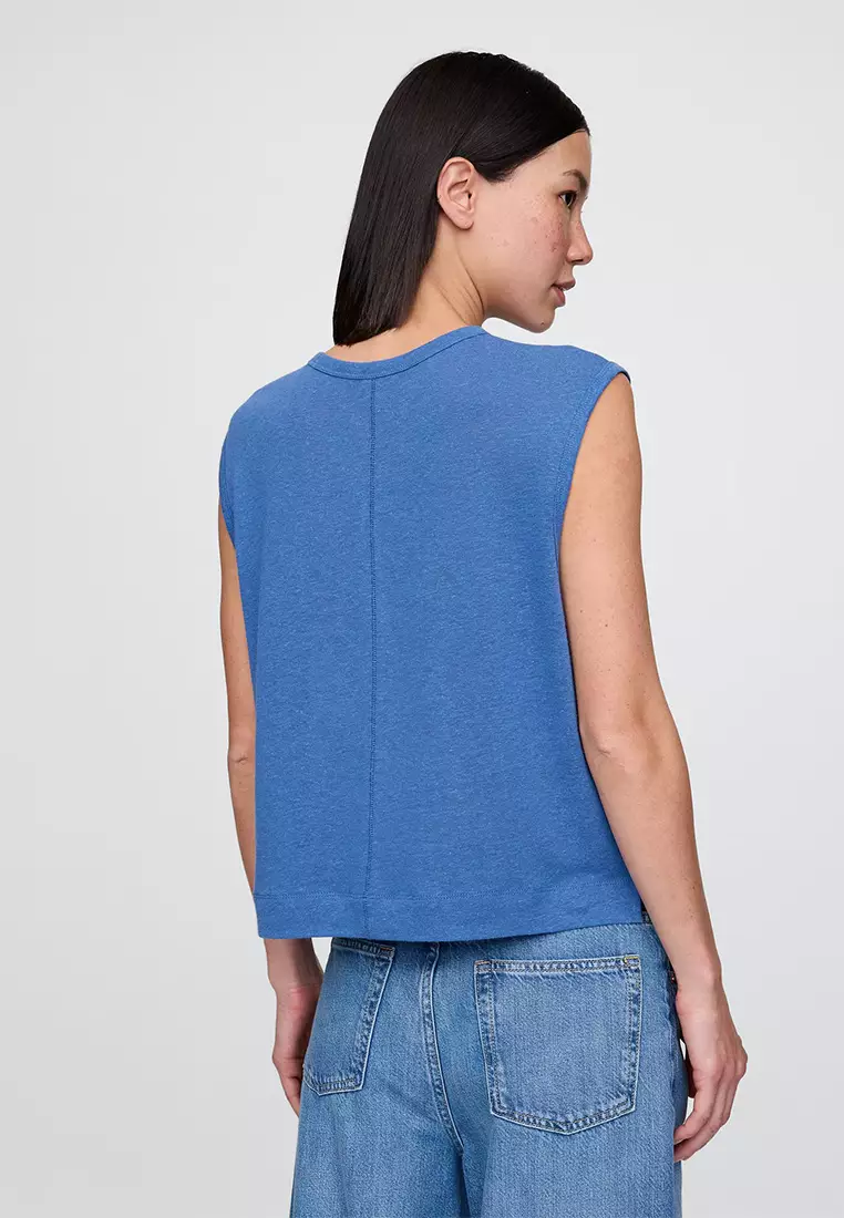 Linen-Blend Crewneck Shell Tank Top