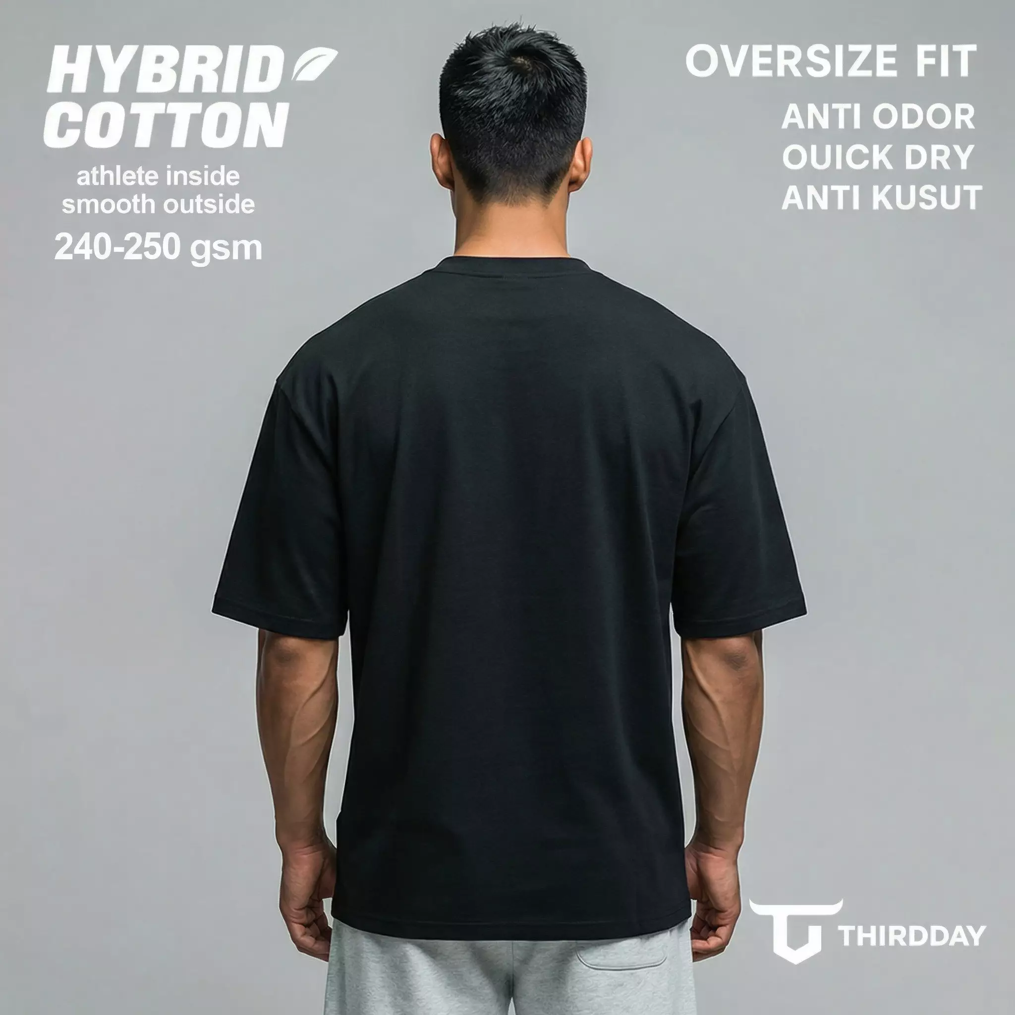 THIRDDAY Kaos Oversize Gym Hybrid Cotton Pria Premium | Kaos Gym & Casual Adem Anti Bau, 240 gsm Tebal Cooling Effect | Dominate Hitam MTZ73
