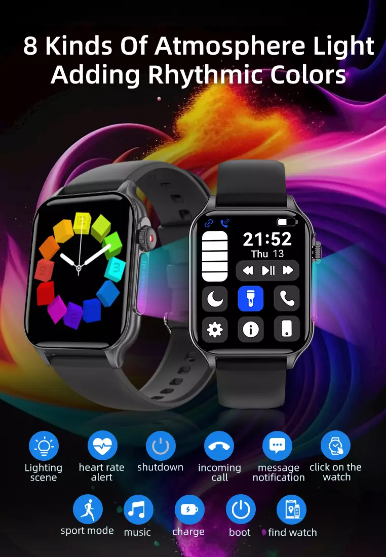SmartWatch Layar1.96" Fungsi Alarm Denyut Jantung Jam Pintar FitnessTracker Bluetooth Musik black dengan gelang gratis