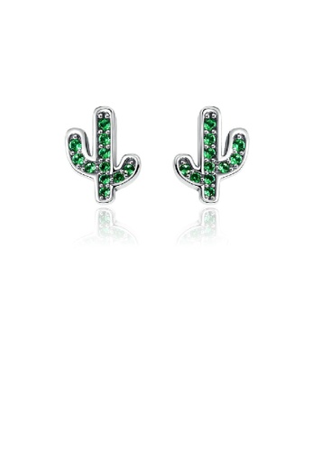 Glamorousky green 925 Sterling Silver Simple and Exquisite Cactus Stud Earrings with Green Cubic Zirconia B1400AC353EAE2GS_1