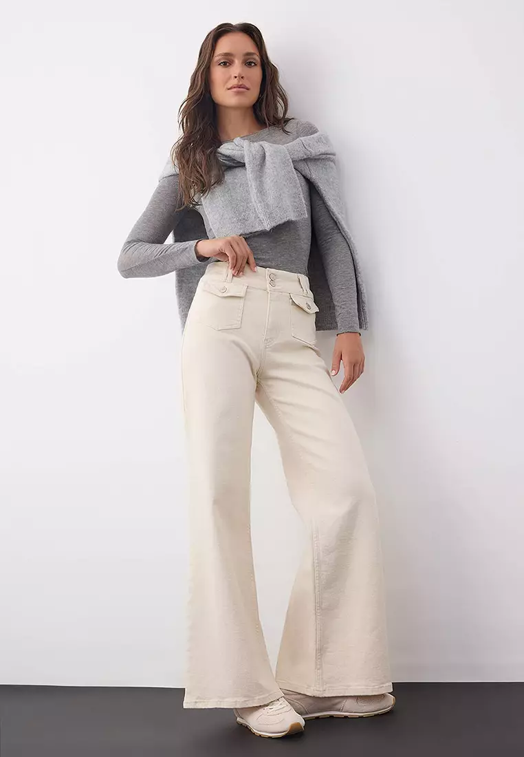 Wardrobe Essentials Ecru High Waist Pocket Detail Comfort Flexible Wide Leg Palazzo Jeans Twoaw26Je00120