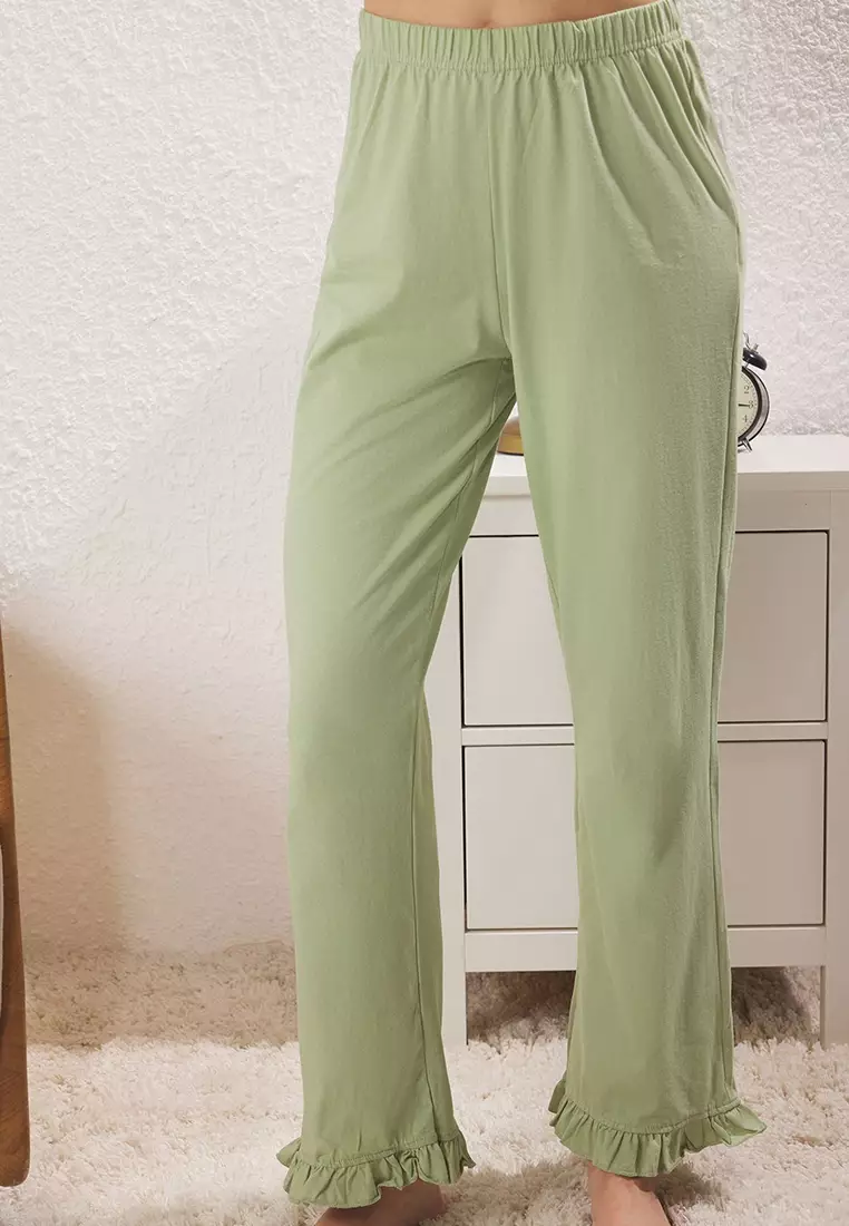 Ecru-Green 100% Cotton Ruffle Detailed Knitted Pajama Set THMSS24PT00223