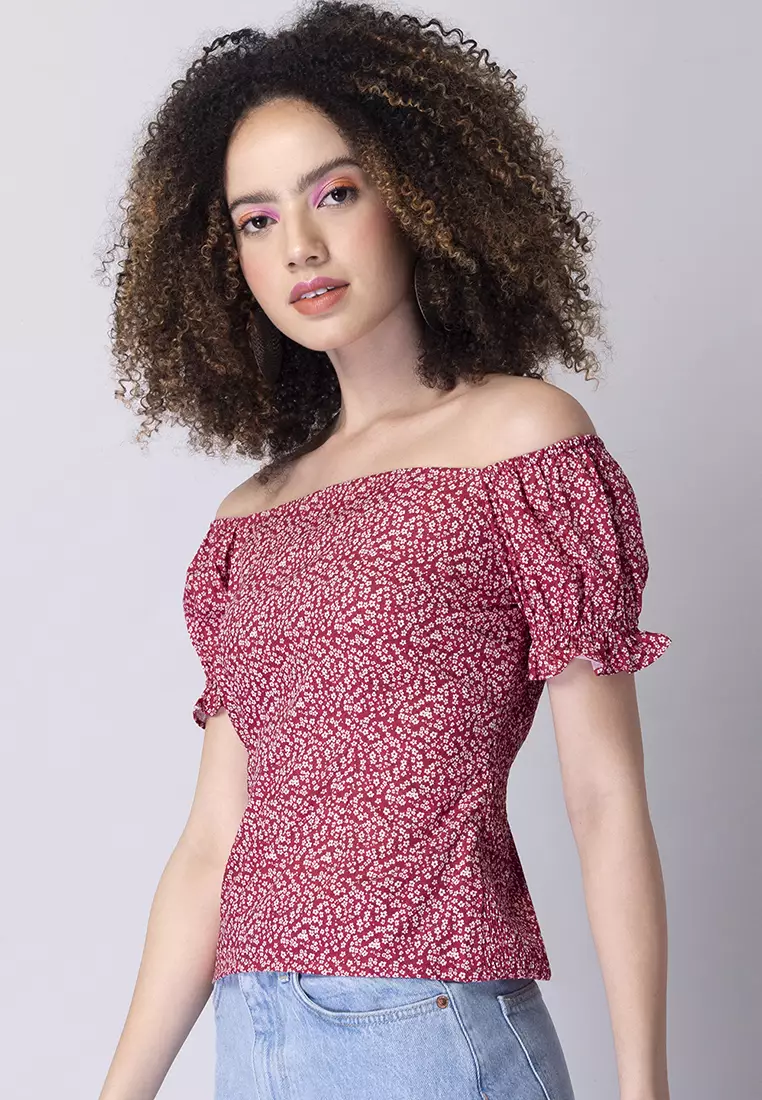 Red Floral Smocked Off Shoulder Top