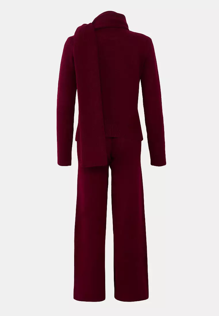 Burgundy Soft Textured Shawl Sweater Pants Knitwear Bottom Top Set