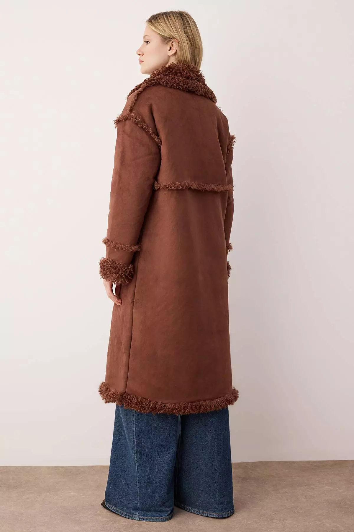 Brown Double-Sided Fur Mono Closure Oversize Long Suede Coat