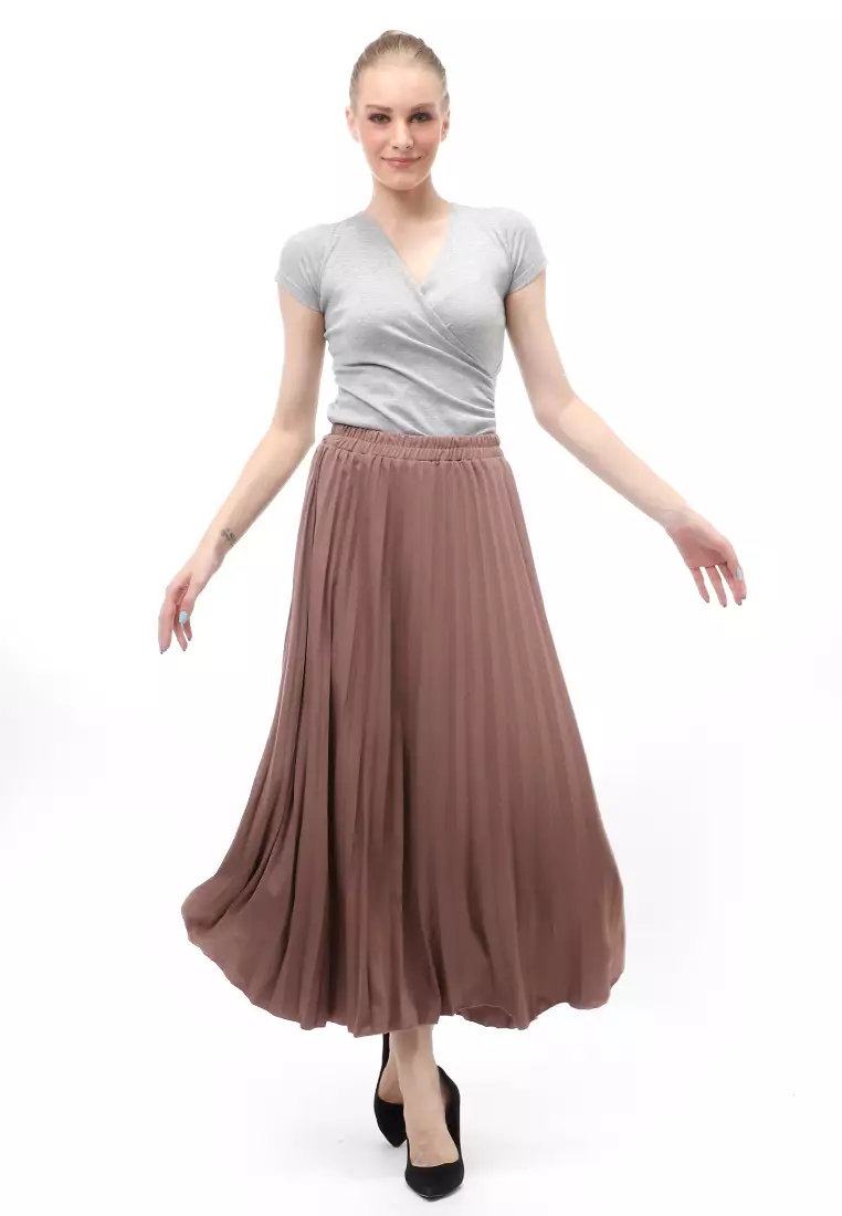 Skirt Plisket Bawahan Wanita Motif Polos Relaxed Fit - Mocca