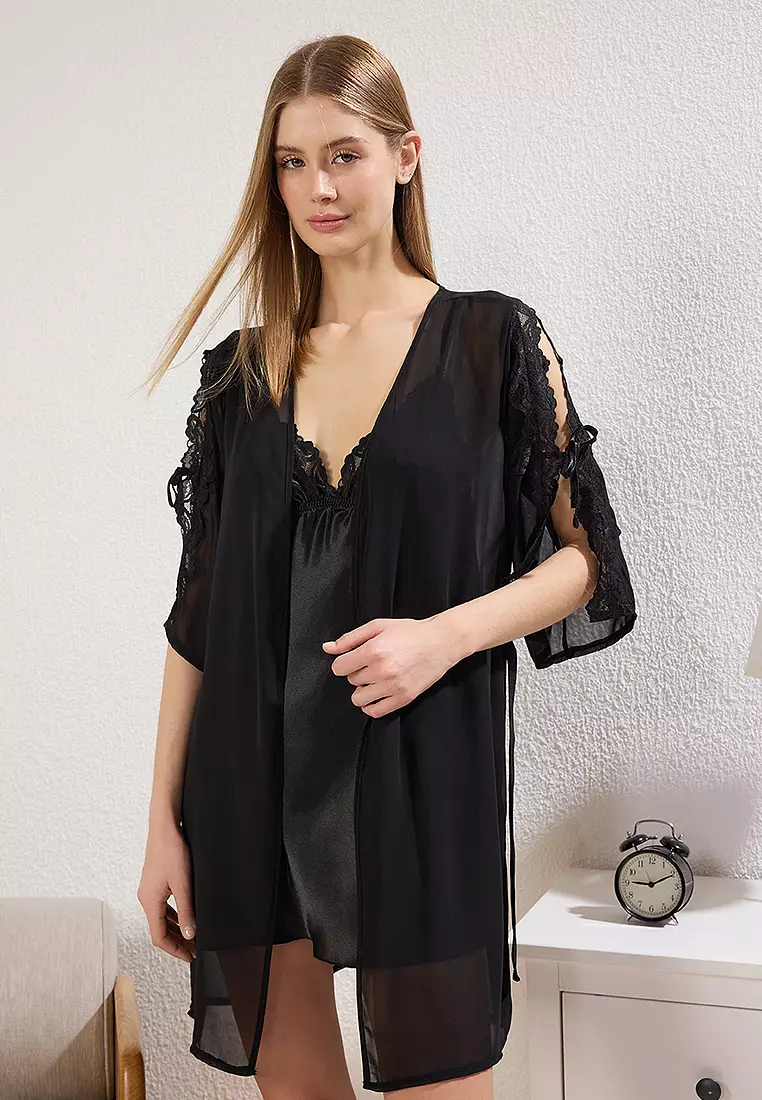 Black 2-Piece Lace And Ribbon/Bow Satin Belted Woven Dressing Gown + Nightgown Set
