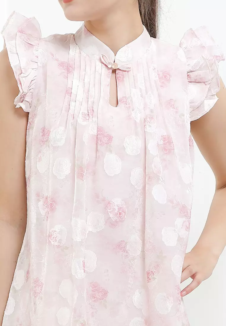 Ruffles Sleeves Flo Print Pintuck Cheongsam Dress