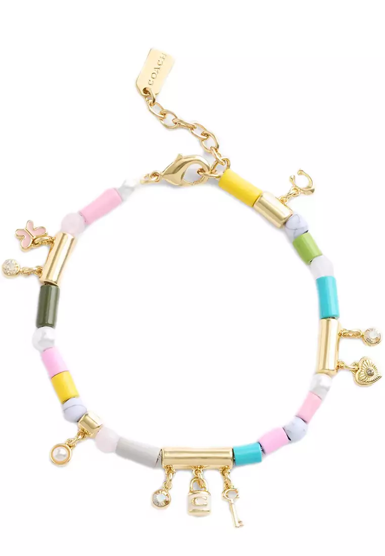 Heart Multi Charm Beaded Bracelet in Gold/ Multi CV265