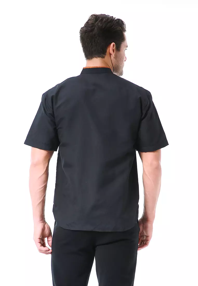 Leopold Kemeja Koko Pria Lengan Pendek Motif Bordir Material Cotton ORIGINAL - Black