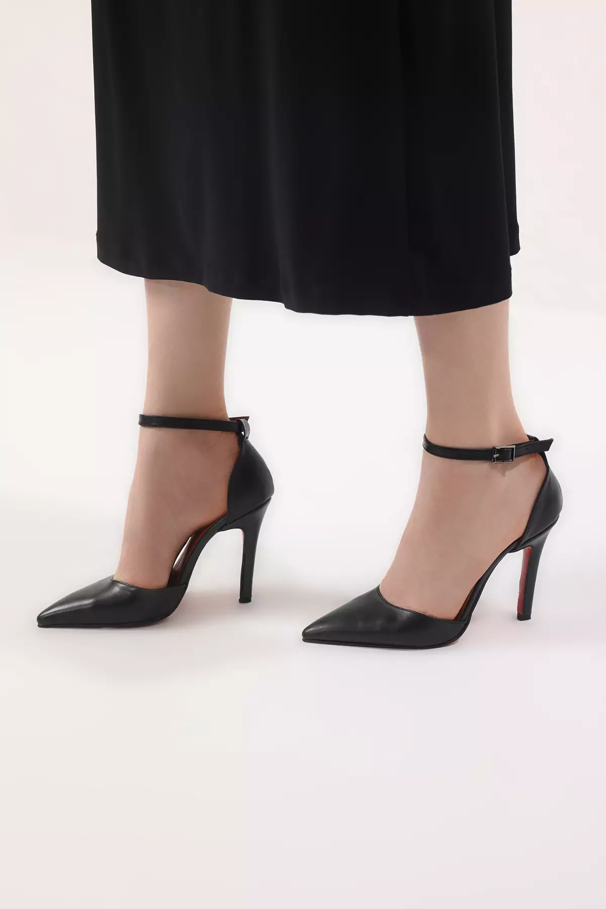 Black Ankle Strap Pointed Toe Women Stiletto Thin Heels Shoes Takss25To00089