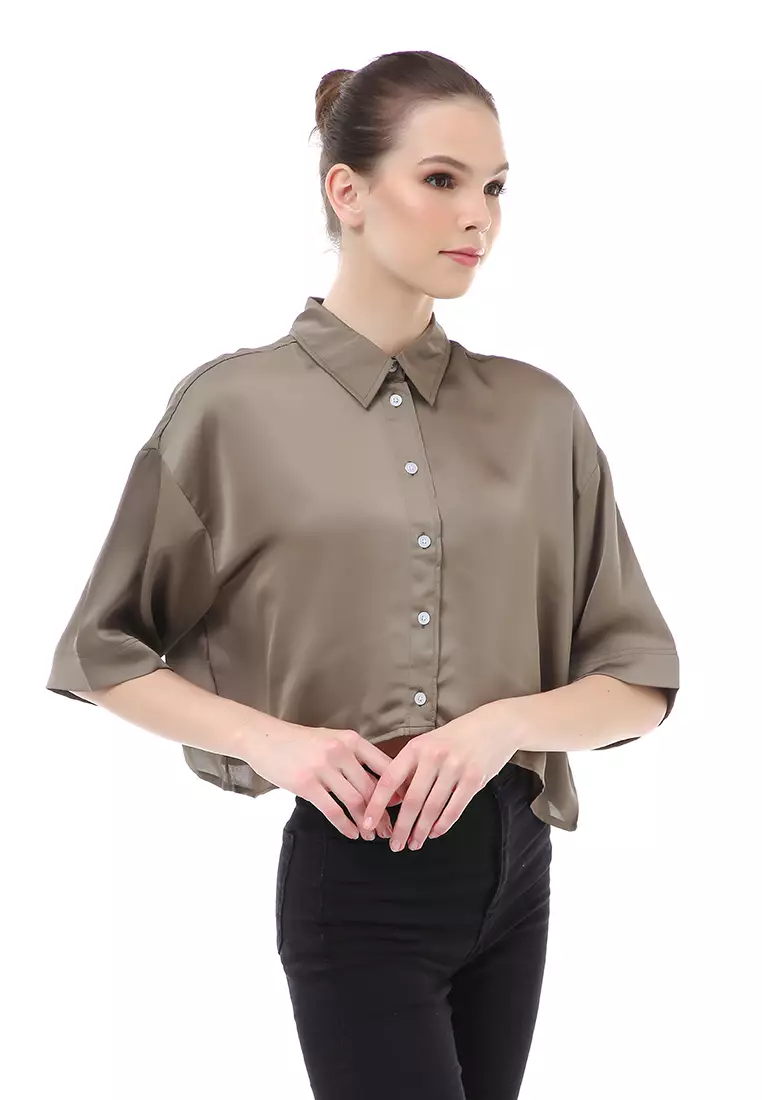 Brielle Atasan Wanita Kemeja Oversize Plain Motive Lengan Pendek Material Satin ORIGiNAL - Army Green