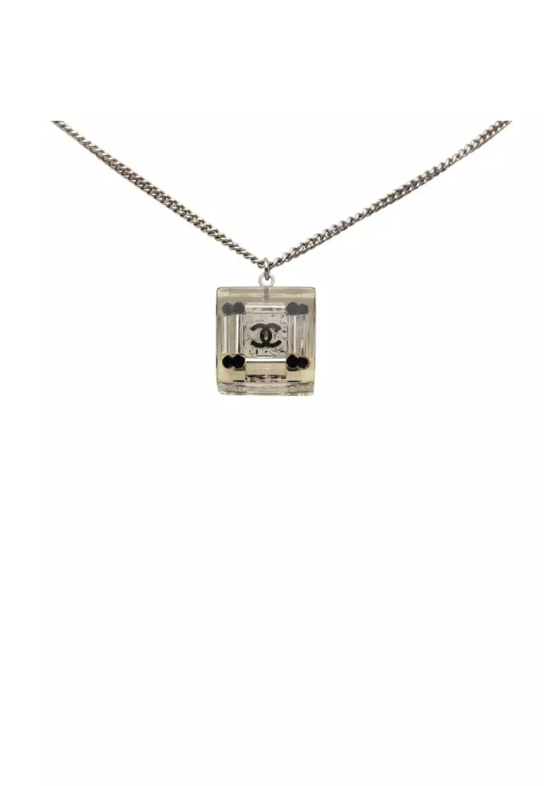 Pre-Loved Chanel Cc Plated Brass Acrylic Cube Pendant Necklace