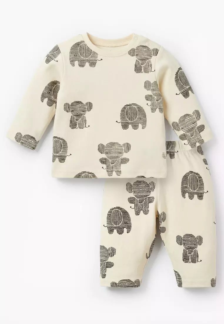 Babyshop Juniors Cotton Round Neck Long Sleeves Pyjama Set With Elephant Print