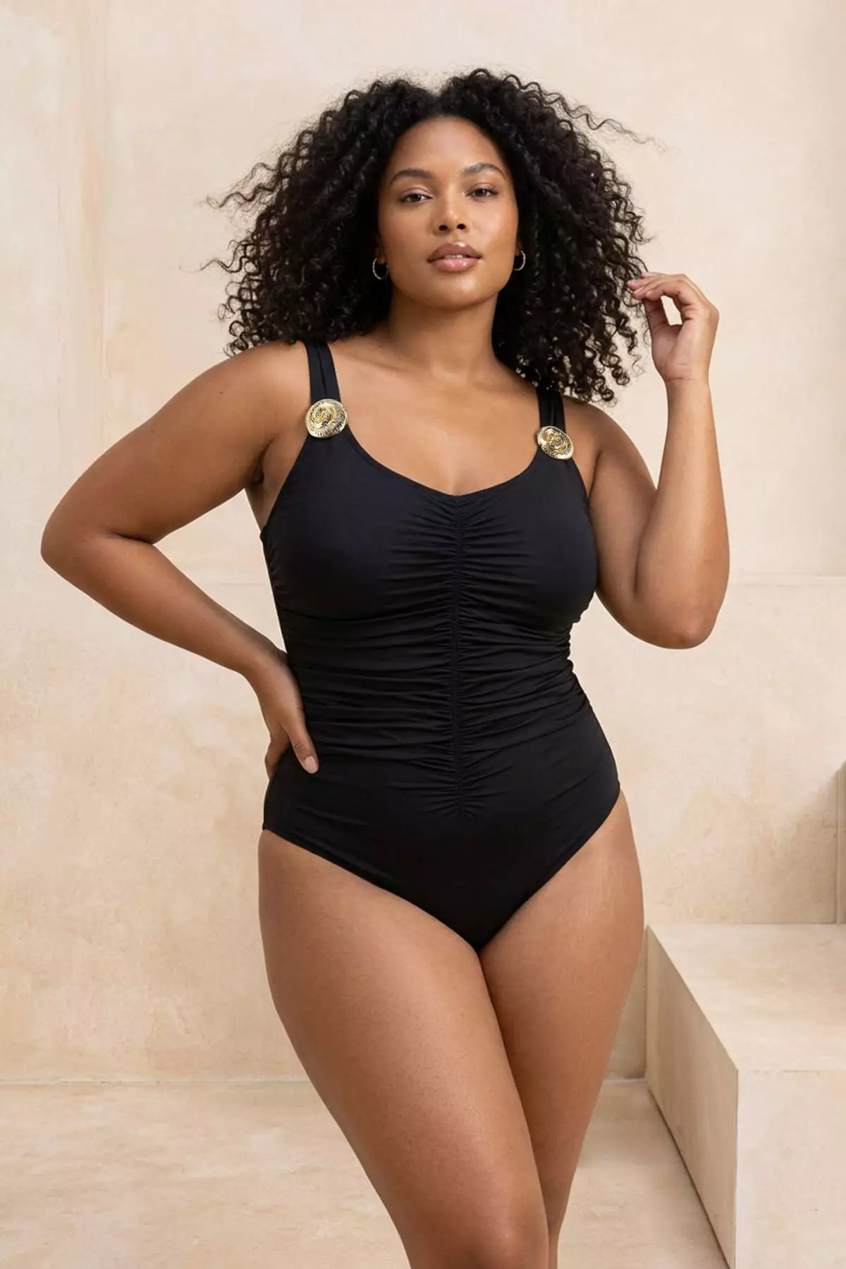 Black Gold Accessory Gathered Plus Size Swimsuit Tbbss26Am00020