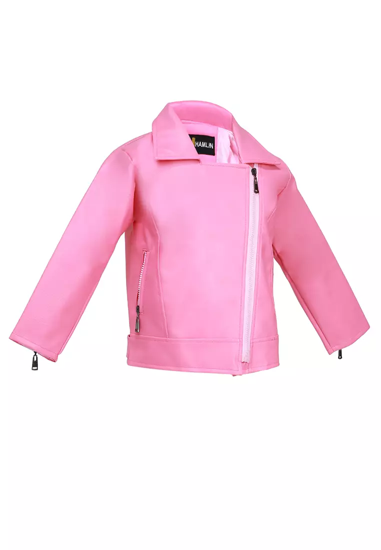 Fisca Jaket Kulit Anak Perempuan Zipper Design Motif Polos Material Leather ORIGINAL - Pink