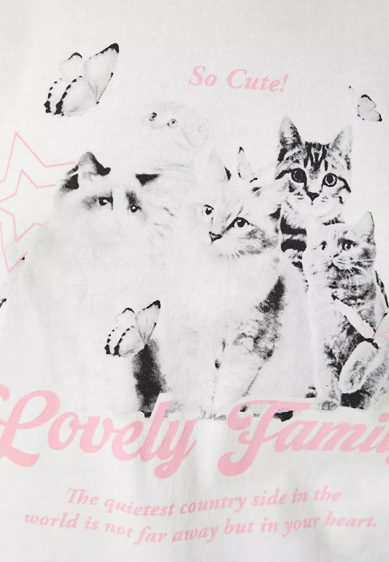 Cat Printed T-Shirt Crew Neck Oversize Short Sleeve Cotton