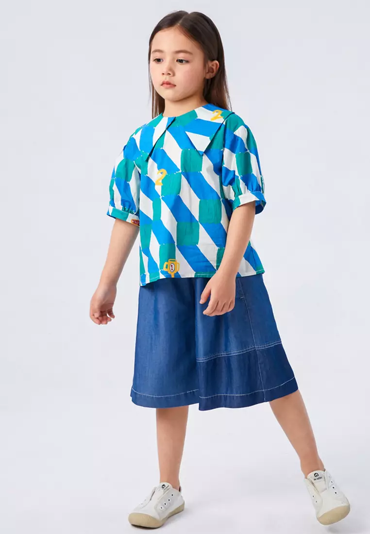 女大小童短袖衬衫复古印花大方领上衣