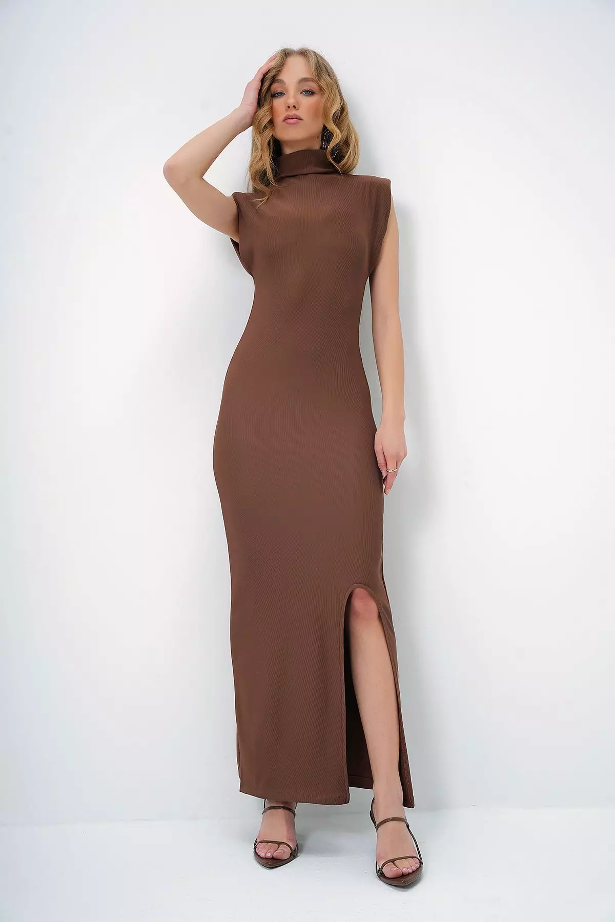 Women's Brown Stand Collar Padded Sleeveless Midi Length Slit Dress