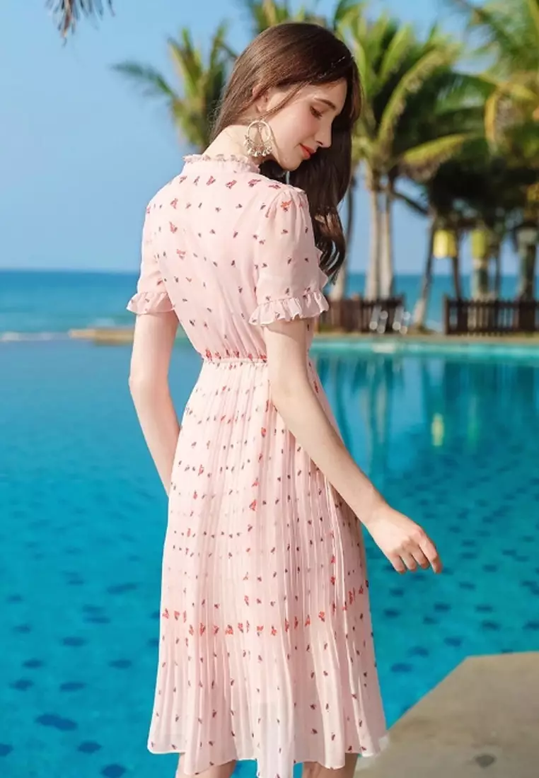 White pleated chiffon dress on sale