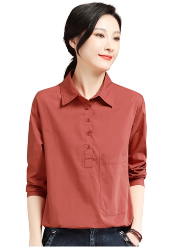 A-IN GIRLS red Solid Color Lapel Long Sleeve Shirt 64B9AAA5F05600GS_1
